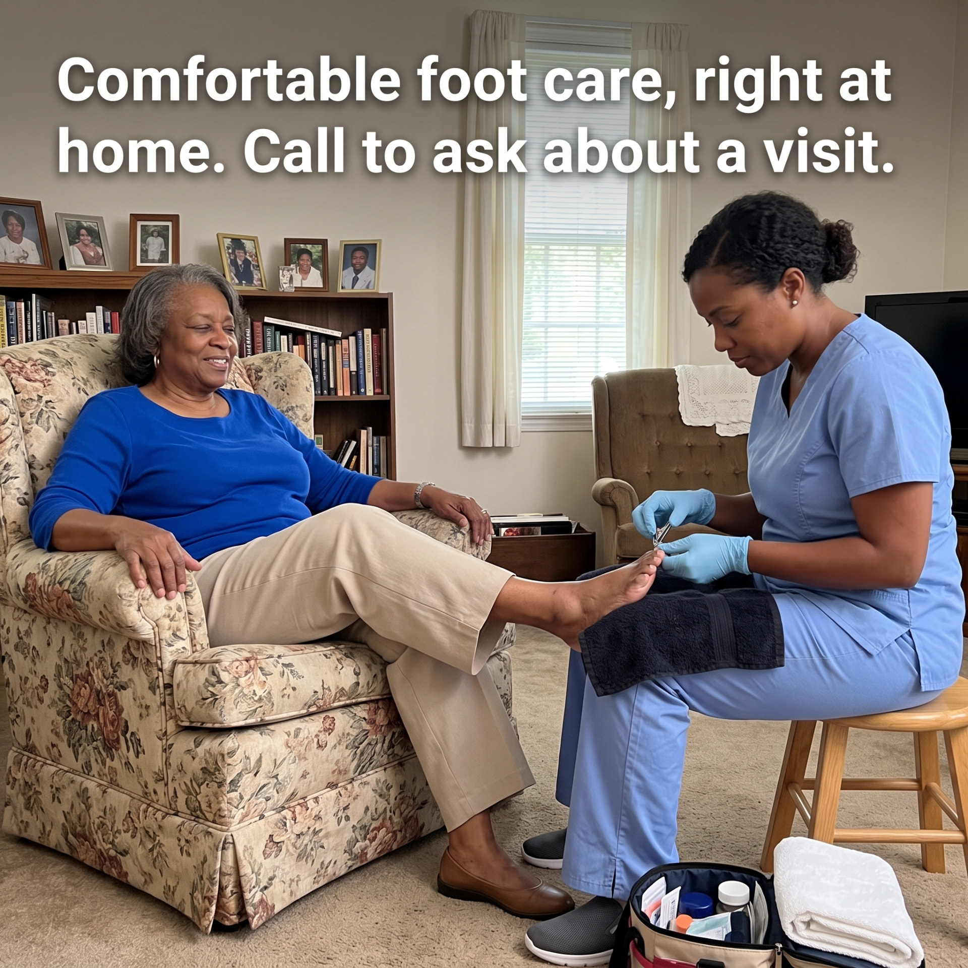 A foot care specialist caring for an older woman's feet during a home visit