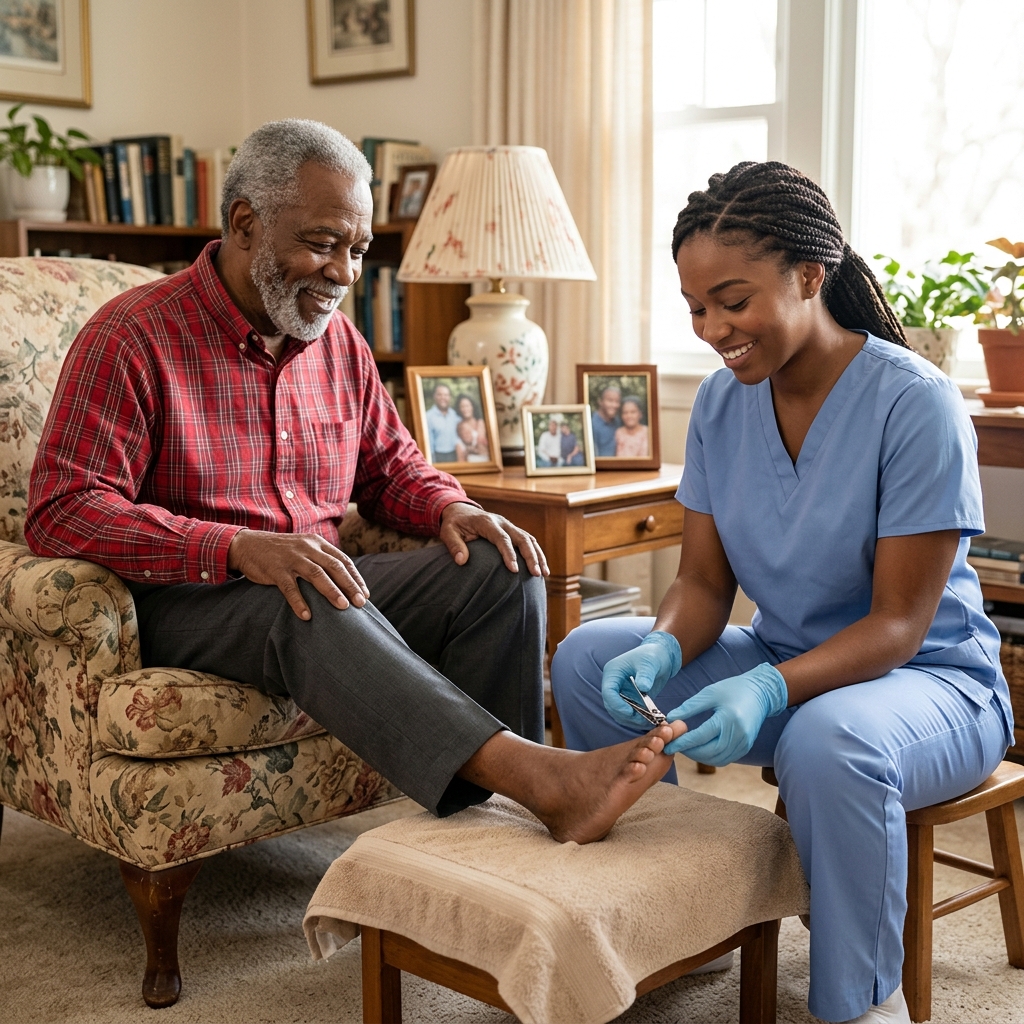 A foot care specialist trimming an older man's toenails during a home visit