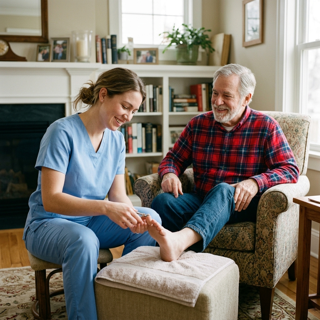 A foot care specialist trimming an older man's toenails during a home visit