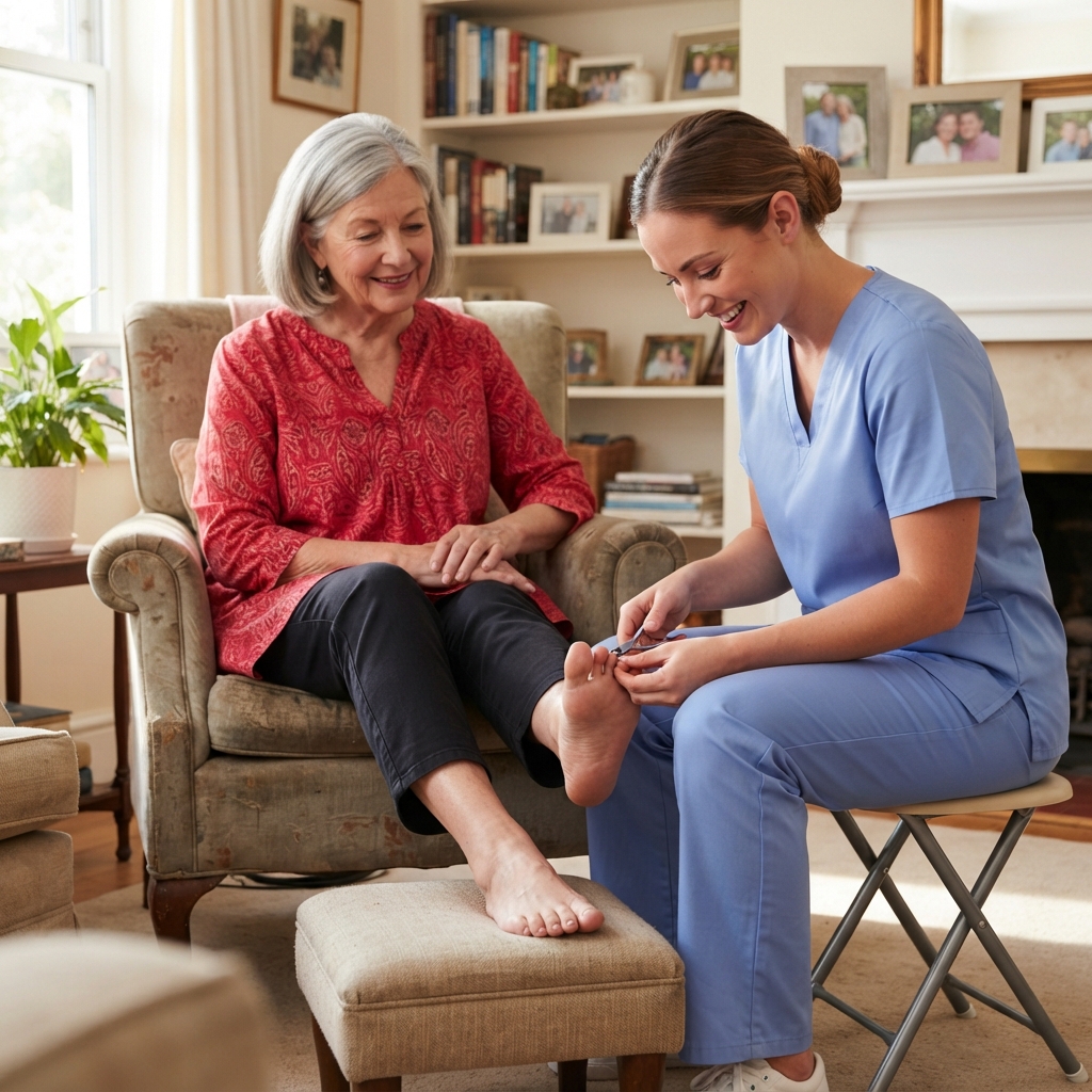 A smiling foot care specialist trimming an older woman's toenails in her living room