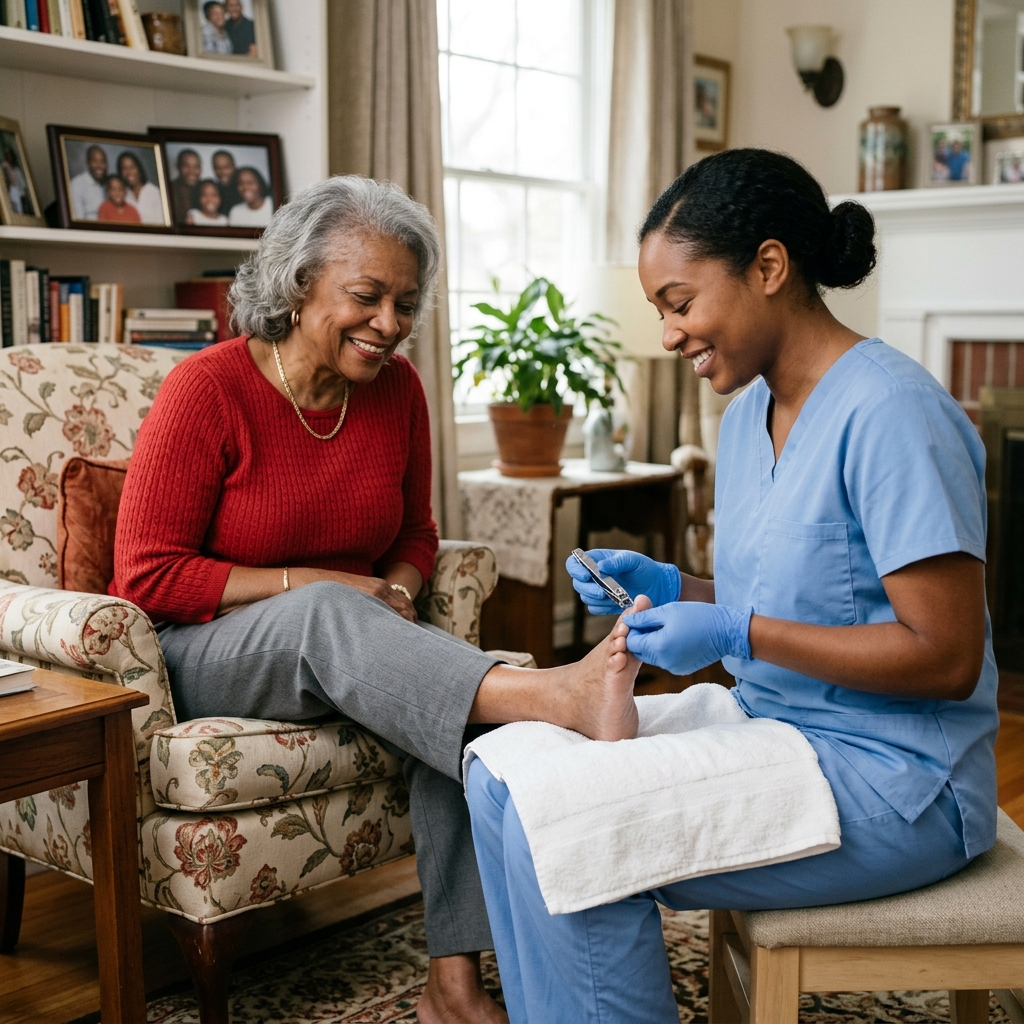 A smiling foot care specialist caring for an older woman's feet during a home visit